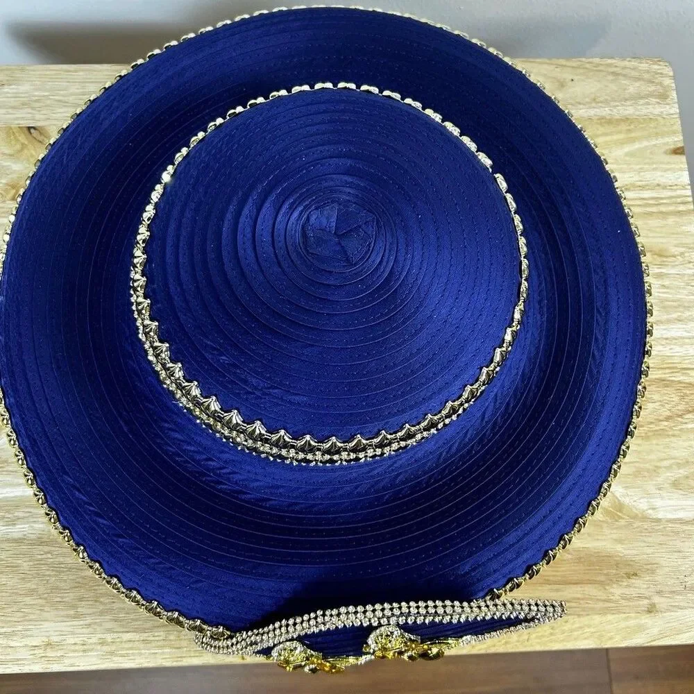 Lisa Rene Black Label Church Hat Navy Blue Wide Brim Rhinestone Butterfly Dressy